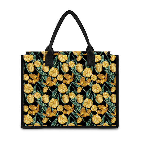 Yellow Tulip Floral Pattern Print Canvas Tote Bag