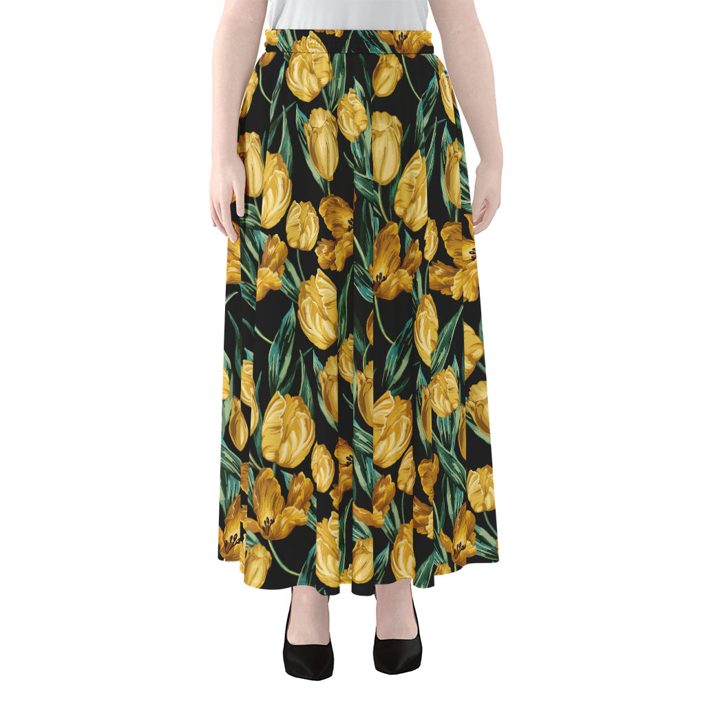 Yellow Tulip Floral Pattern Print Chiffon Maxi Skirt