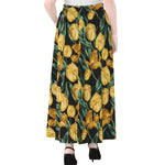 Yellow Tulip Floral Pattern Print Chiffon Maxi Skirt
