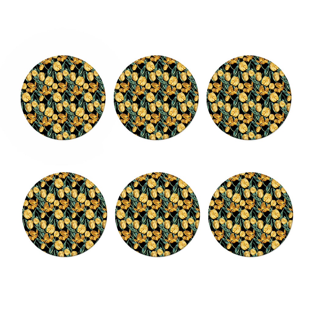 Yellow Tulip Floral Pattern Print Coaster Set