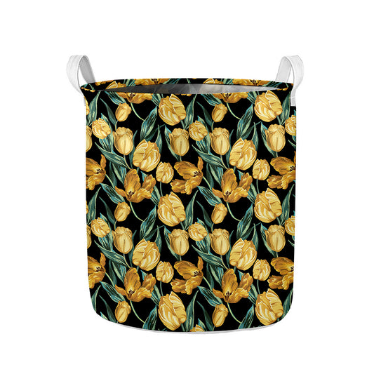 Yellow Tulip Floral Pattern Print Collapsible Laundry Basket