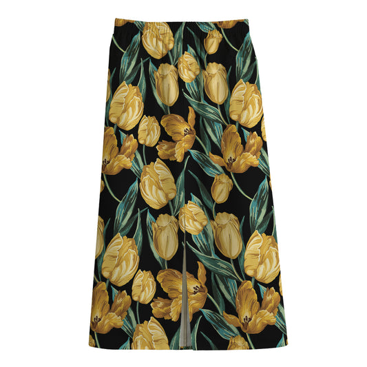 Yellow Tulip Floral Pattern Print Cotton Front Slit Maxi Skirt