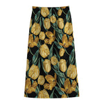 Yellow Tulip Floral Pattern Print Cotton Front Slit Maxi Skirt