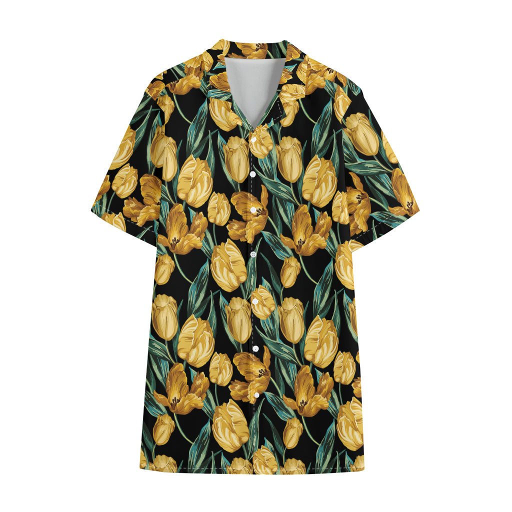 Yellow Tulip Floral Pattern Print Cotton Hawaiian Shirt
