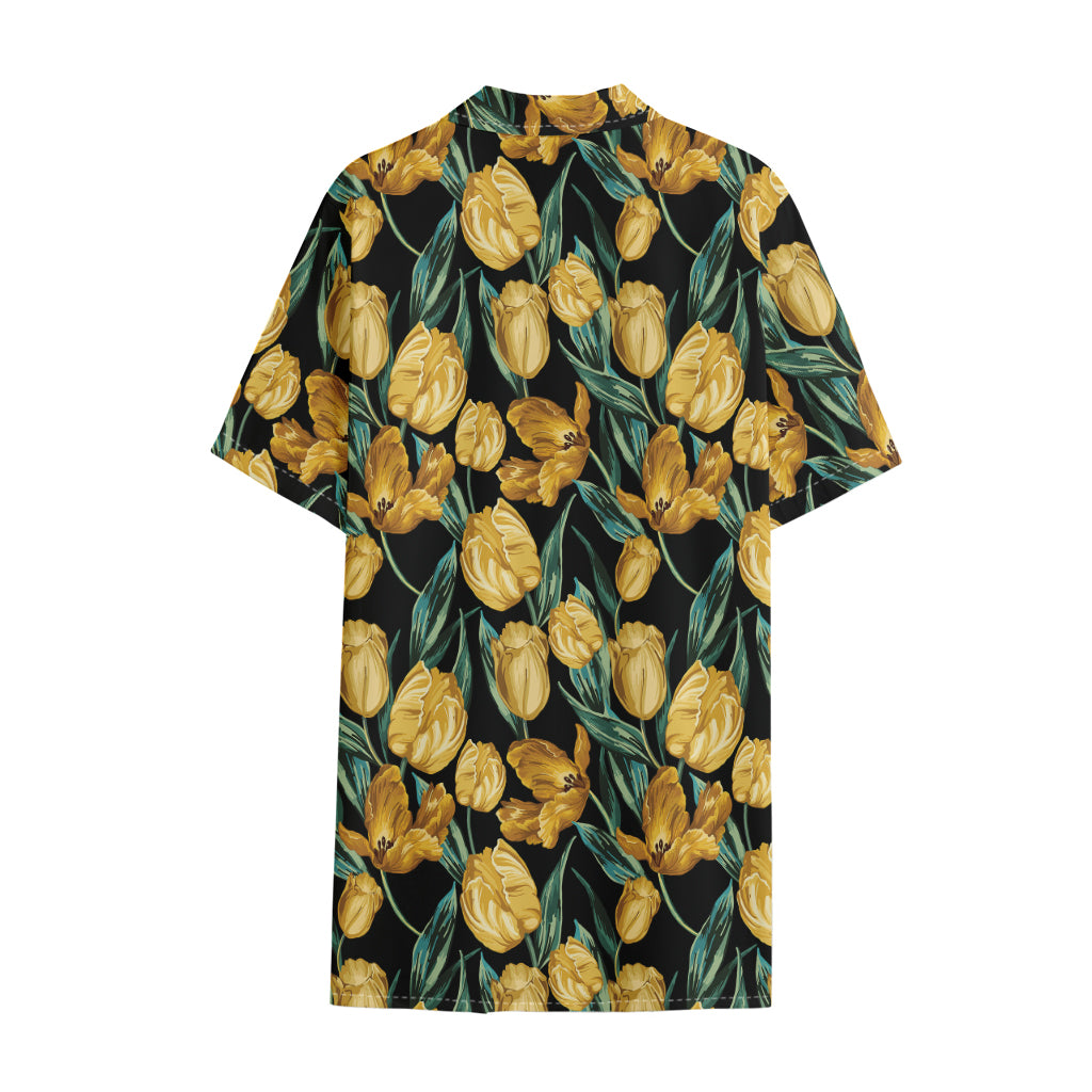 Yellow Tulip Floral Pattern Print Cotton Hawaiian Shirt