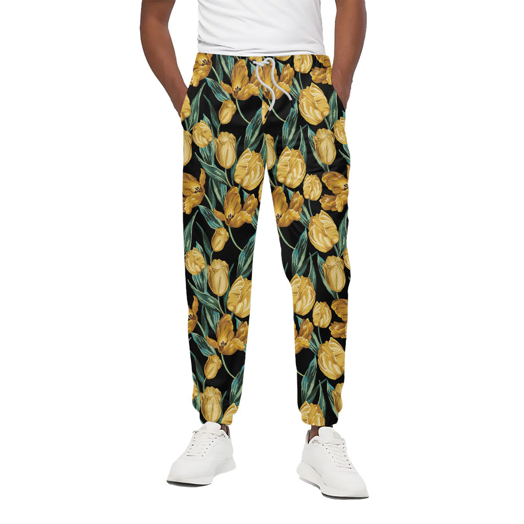 Yellow Tulip Floral Pattern Print Cotton Pants