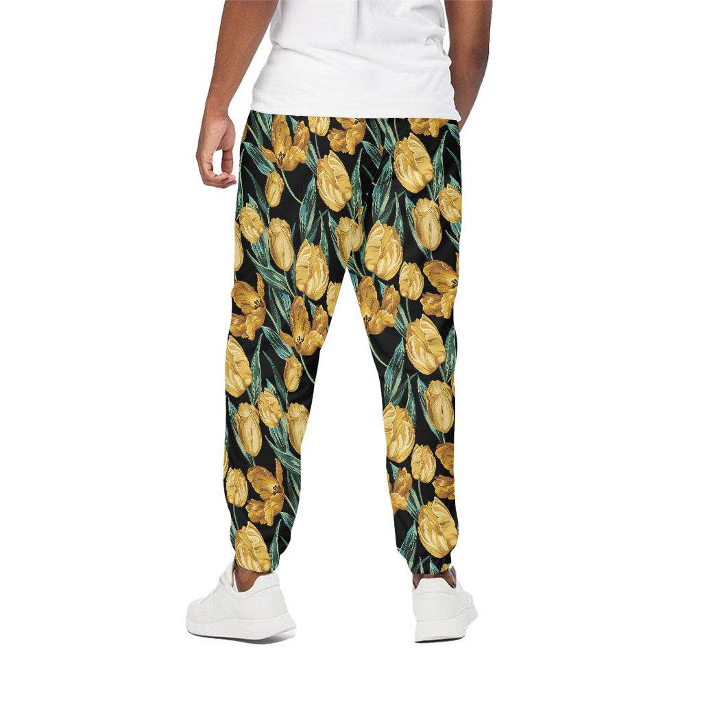 Yellow Tulip Floral Pattern Print Cotton Pants