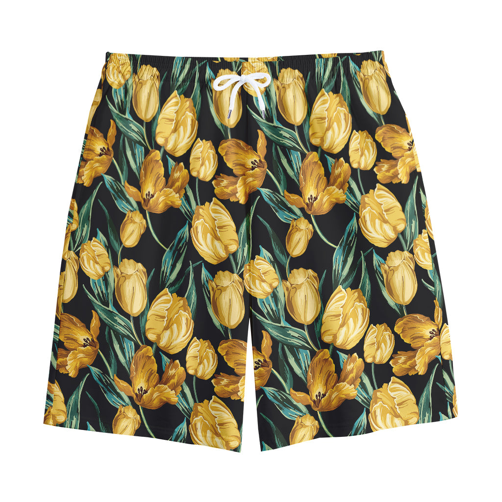 Yellow Tulip Floral Pattern Print Cotton Shorts
