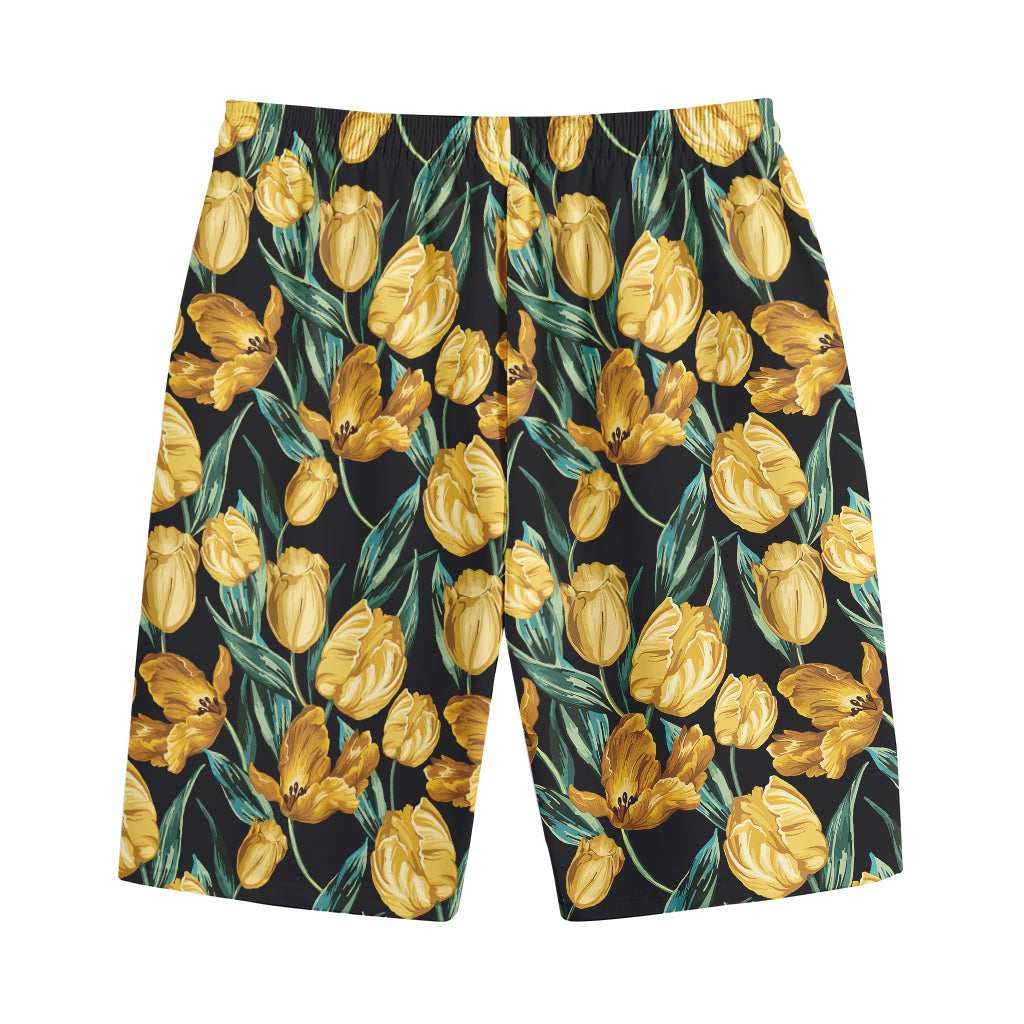 Yellow Tulip Floral Pattern Print Cotton Shorts