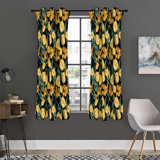 Yellow Tulip Floral Pattern Print Curtain