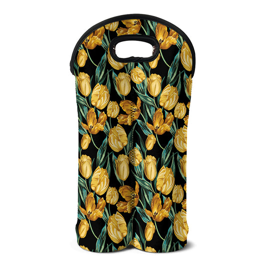 Yellow Tulip Floral Pattern Print Double Neoprene Wine Tote