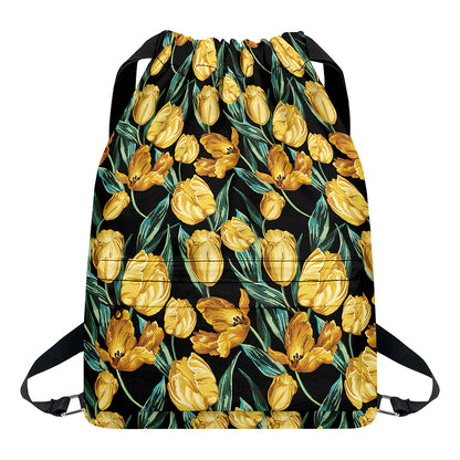 Yellow Tulip Floral Pattern Print Drawstring Backpack