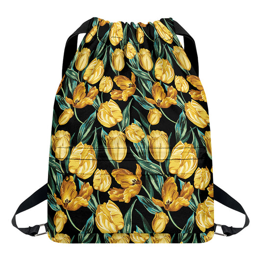Yellow Tulip Floral Pattern Print Drawstring Backpack
