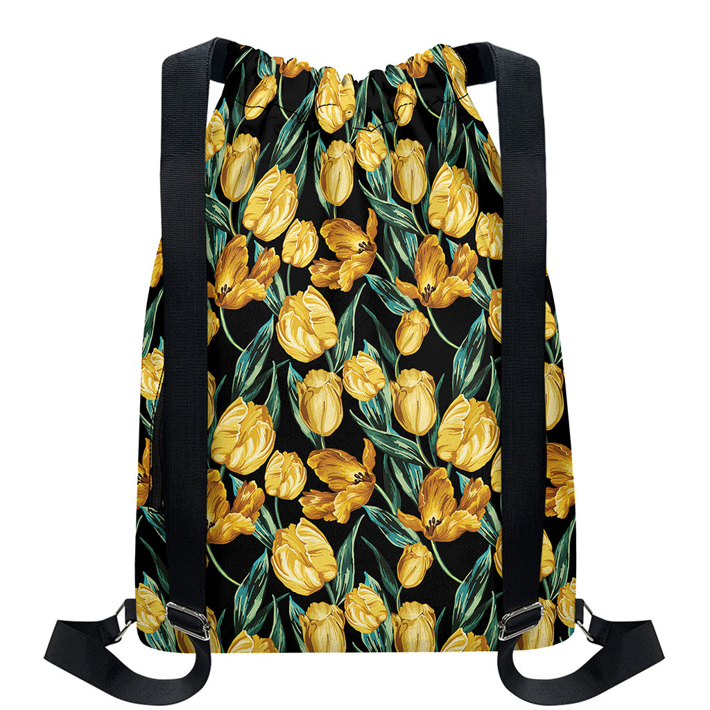 Yellow Tulip Floral Pattern Print Drawstring Backpack