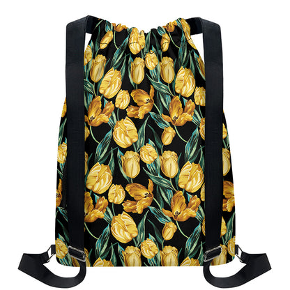 Yellow Tulip Floral Pattern Print Drawstring Backpack