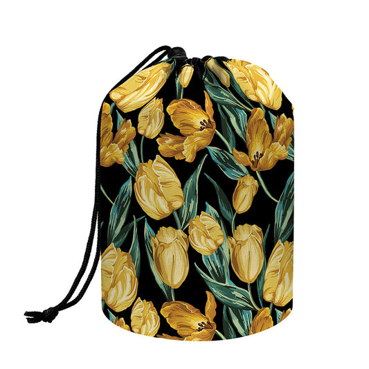 Yellow Tulip Floral Pattern Print Drawstring Makeup Bag