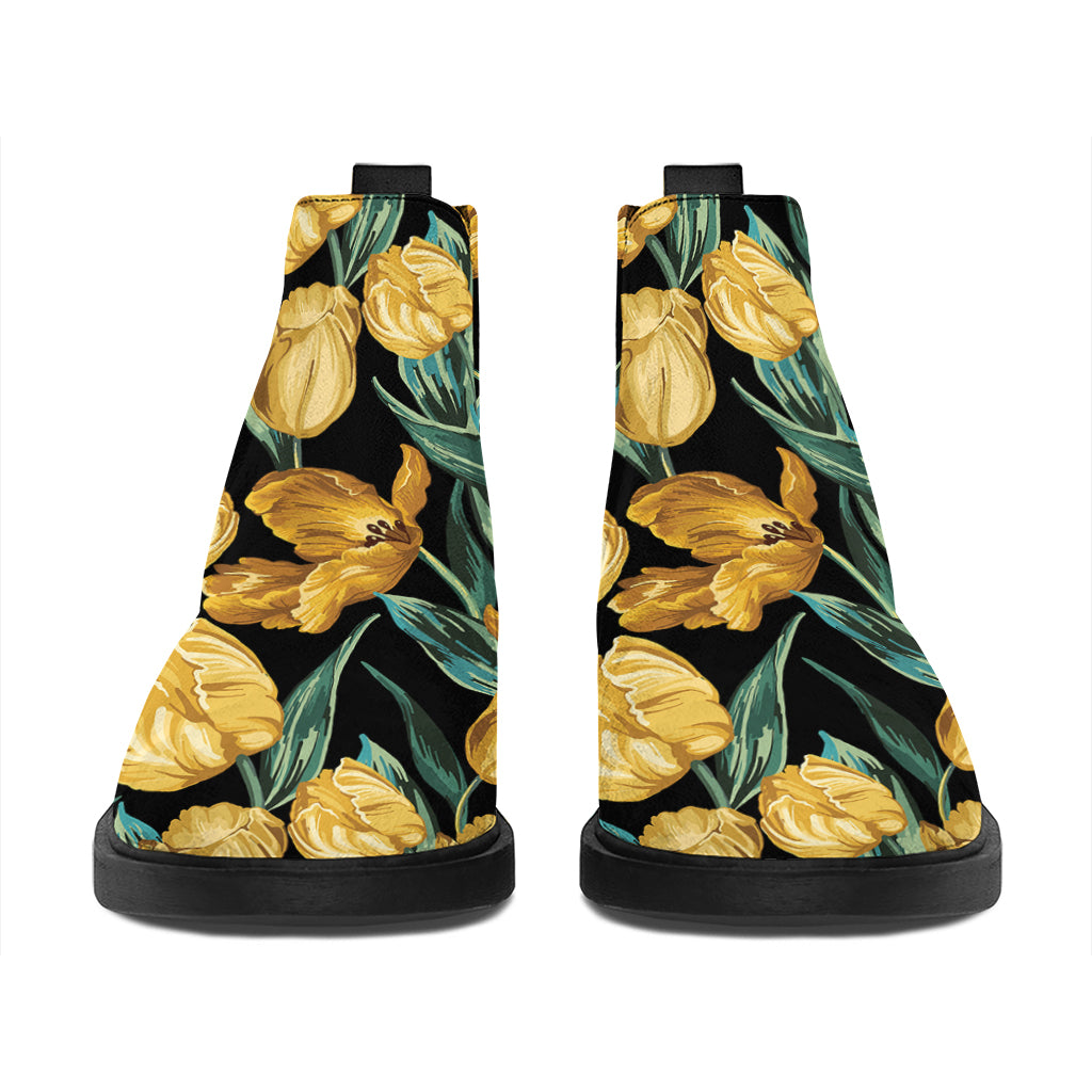 Yellow Tulip Floral Pattern Print Flat Ankle Boots