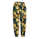 Yellow Tulip Floral Pattern Print Fleece Lined Knit Pants