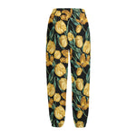 Yellow Tulip Floral Pattern Print Fleece Lined Knit Pants