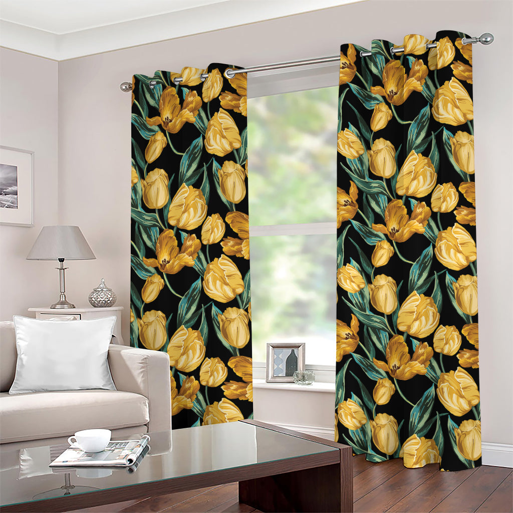 Yellow Tulip Floral Pattern Print Grommet Curtains