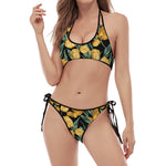 Yellow Tulip Floral Pattern Print Halter Scoop Tie Side Bikini