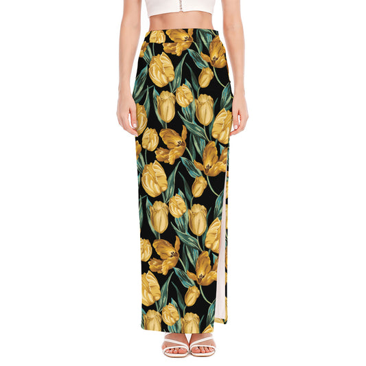 Yellow Tulip Floral Pattern Print High Slit Maxi Skirt