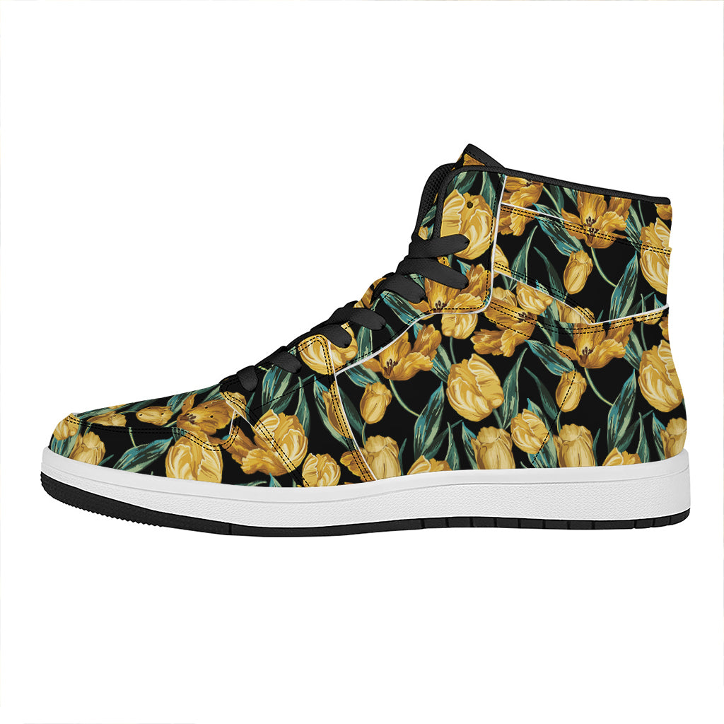 Yellow Tulip Floral Pattern Print High Top Leather Sneakers
