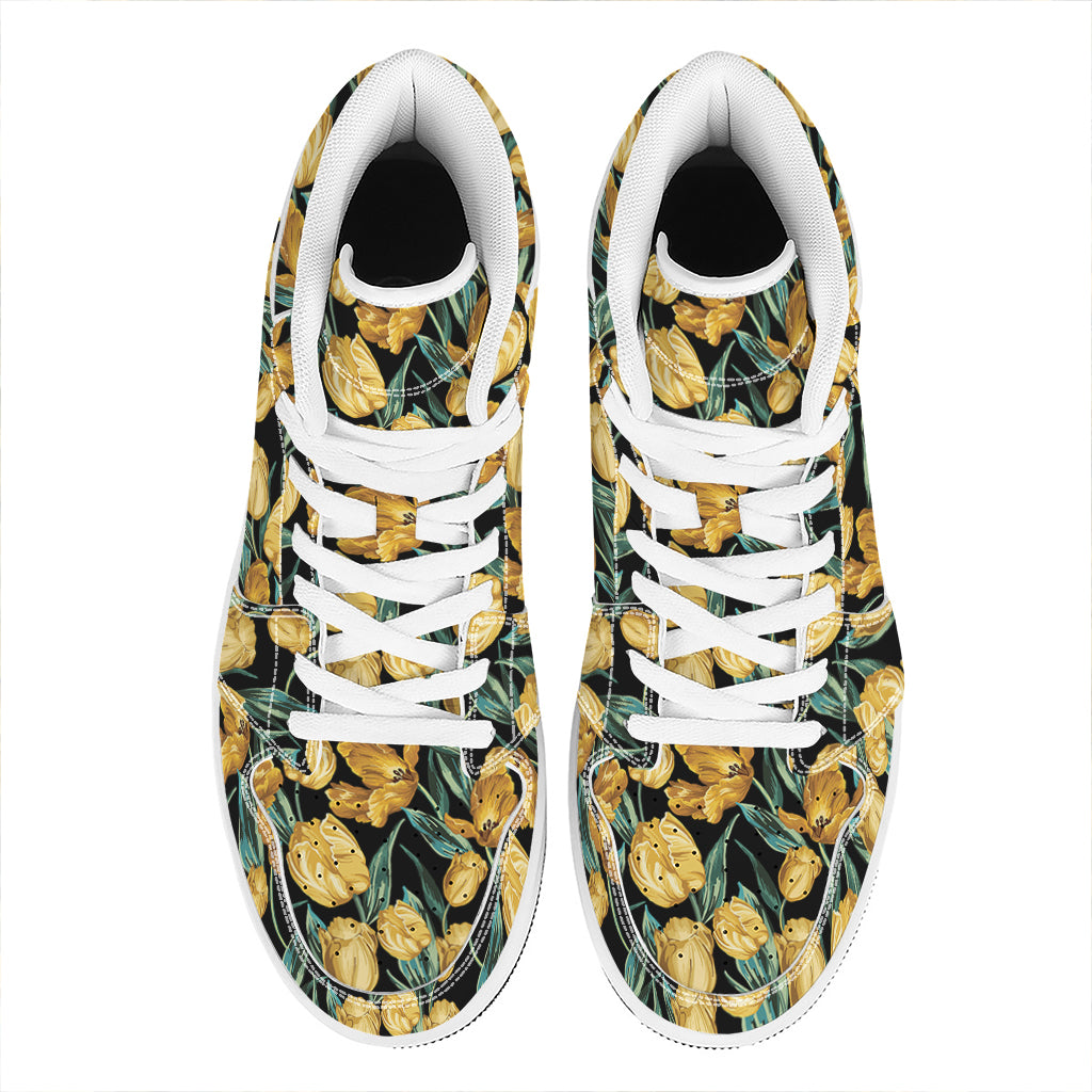 Yellow Tulip Floral Pattern Print High Top Leather Sneakers