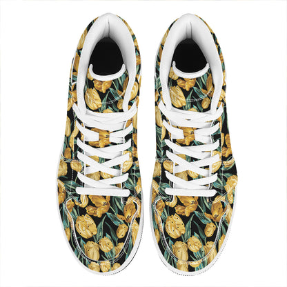 Yellow Tulip Floral Pattern Print High Top Leather Sneakers