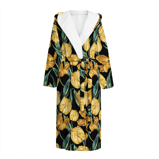 Yellow Tulip Floral Pattern Print Hooded Bathrobe