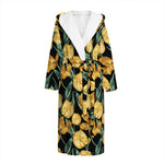 Yellow Tulip Floral Pattern Print Hooded Bathrobe