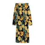 Yellow Tulip Floral Pattern Print Hooded Bathrobe