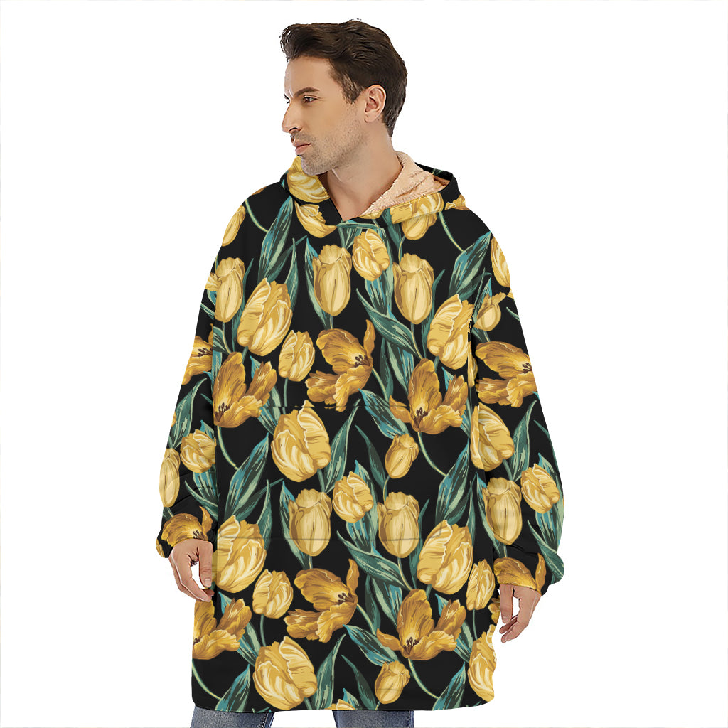 Yellow Tulip Floral Pattern Print Hoodie Blanket