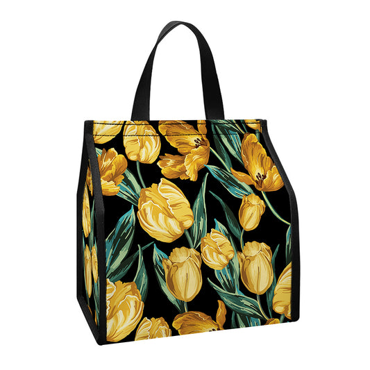 Yellow Tulip Floral Pattern Print Insulated Lunch Tote