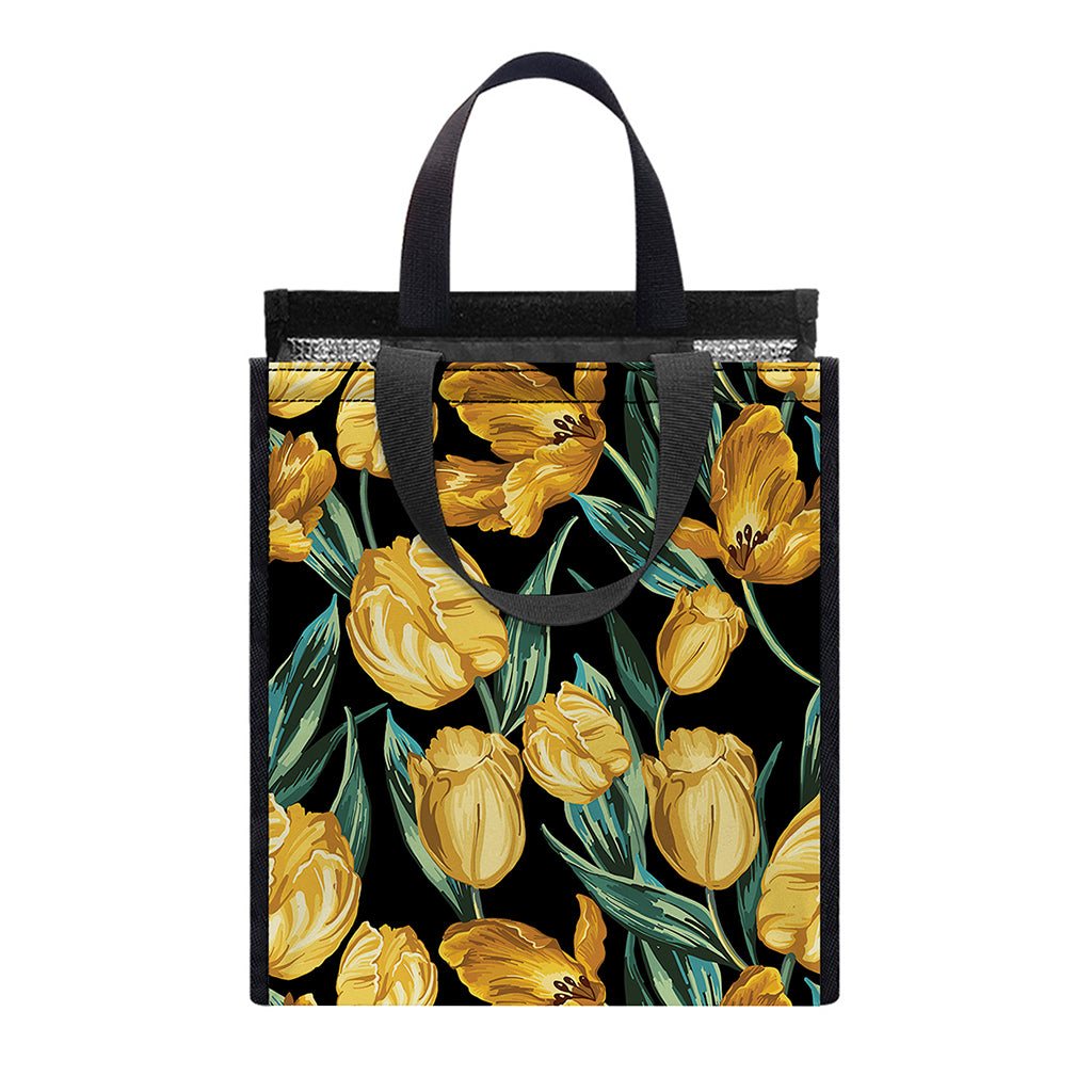 Yellow Tulip Floral Pattern Print Insulated Lunch Tote