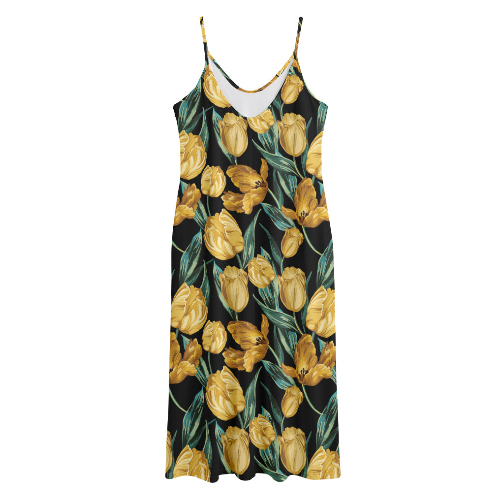 Yellow Tulip Floral Pattern Print Jersey Midi Cami Dress