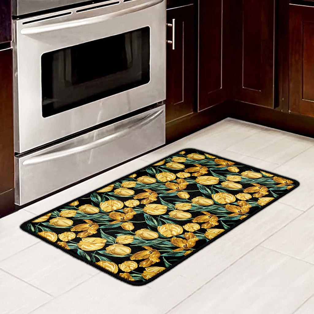 Yellow Tulip Floral Pattern Print Kitchen Mat