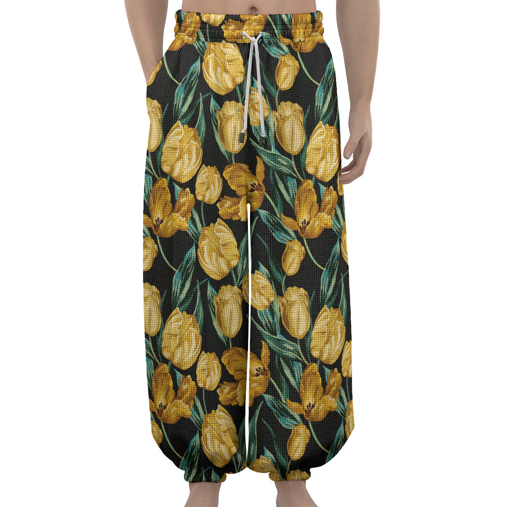 Yellow Tulip Floral Pattern Print Lantern Pants