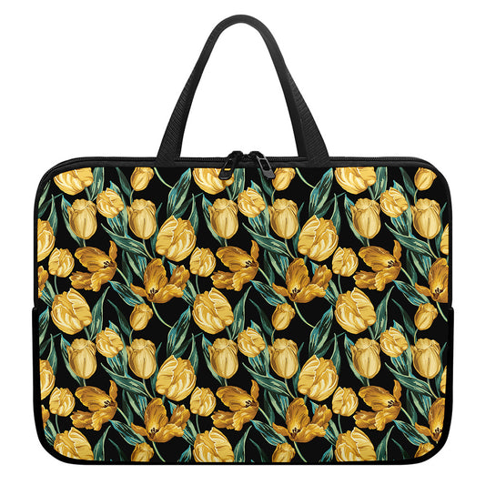 Yellow Tulip Floral Pattern Print Laptop Sleeve With Handle