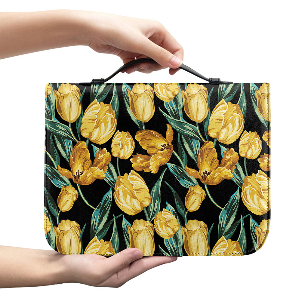 Yellow Tulip Floral Pattern Print Leather Bible Cover