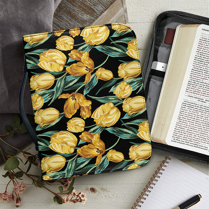 Yellow Tulip Floral Pattern Print Leather Bible Cover