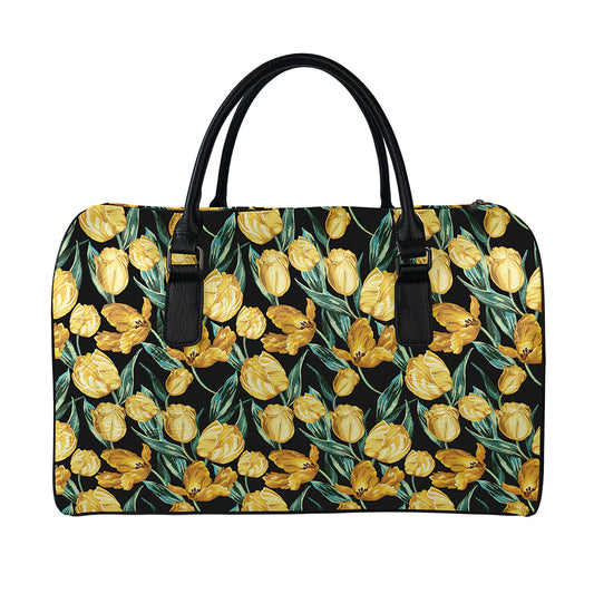 Yellow Tulip Floral Pattern Print Leather Duffle Bag