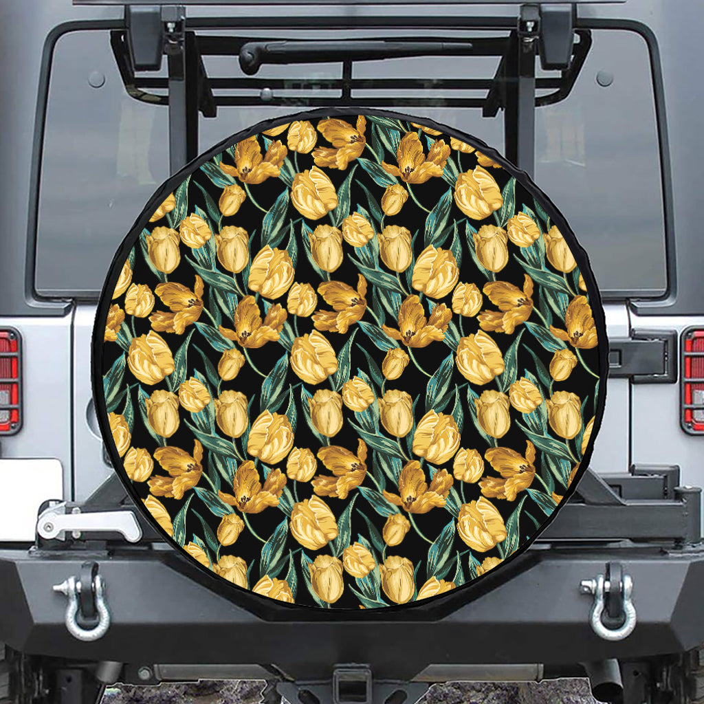 Yellow Tulip Floral Pattern Print Leather Spare Tire Cover
