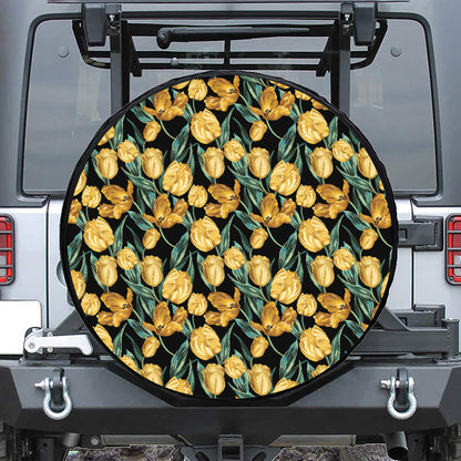 Yellow Tulip Floral Pattern Print Leather Spare Tire Cover
