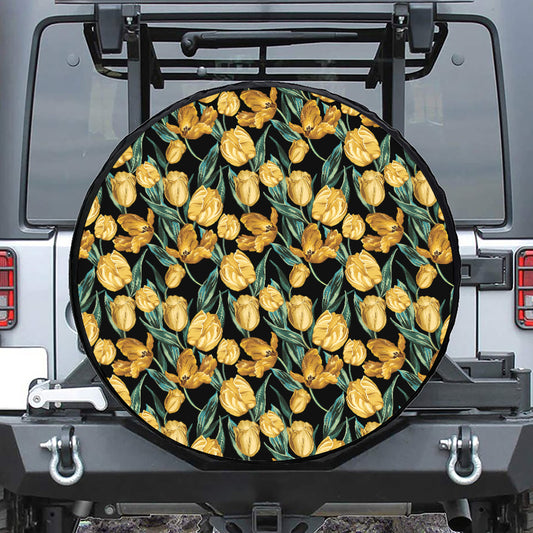 Yellow Tulip Floral Pattern Print Leather Spare Tire Cover