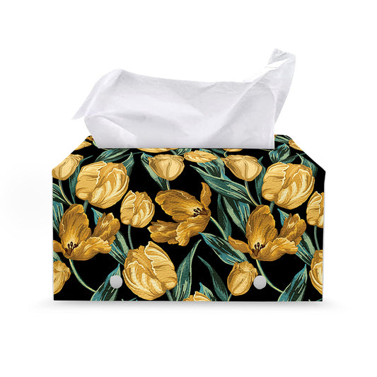 Yellow Tulip Floral Pattern Print Leather Tissue Box Cover