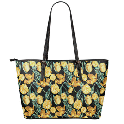 Yellow Tulip Floral Pattern Print Leather Tote Bag