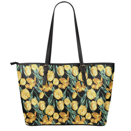 Yellow Tulip Floral Pattern Print Leather Tote Bag