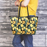 Yellow Tulip Floral Pattern Print Leather Tote Bag