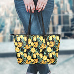 Yellow Tulip Floral Pattern Print Leather Tote Bag